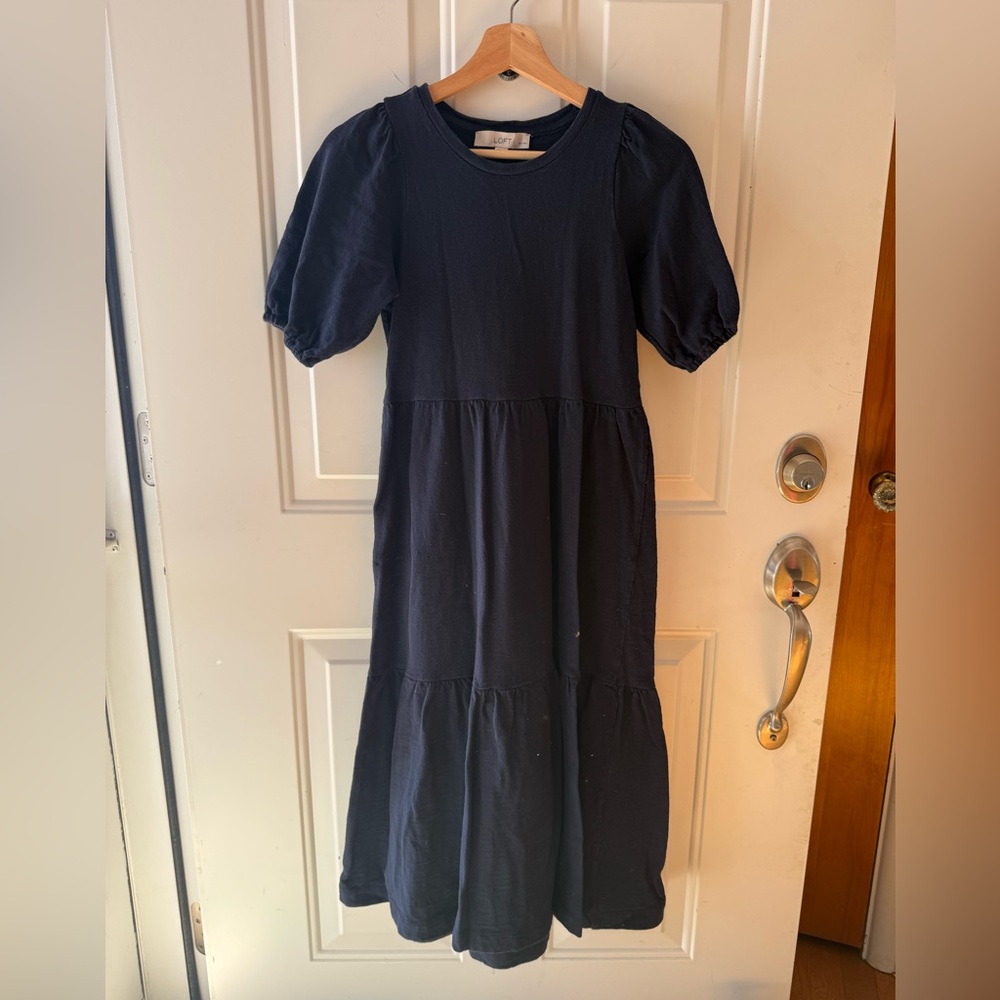 LOFT Puff Sleeve Tiered Midi Dress